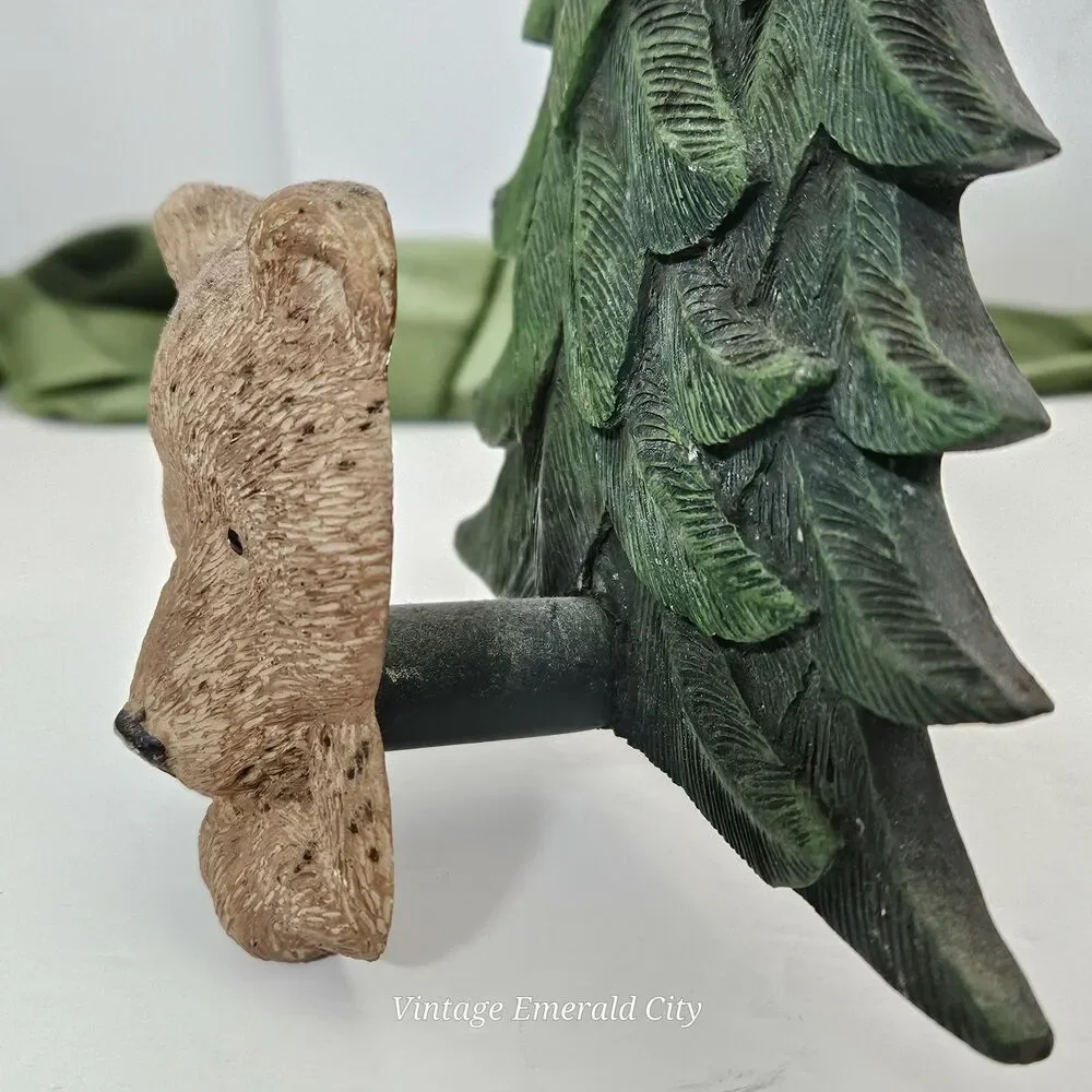 Vtg 3D Resin Brown Bear Pine Tree Towel Holder Hooks Rustic Cabin decor Set of 2